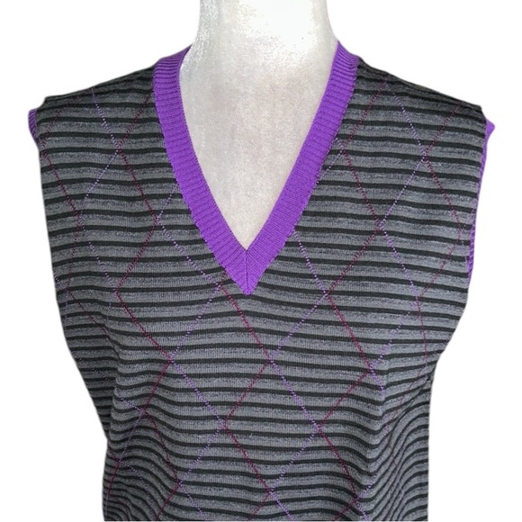 ETRO Milano Gray & Purple Striped Argyle Sleeveless V-Neck Wool Knit Vest - L - Picture 2 of 11